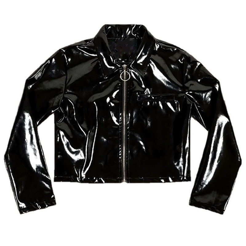 Short leather jacket in bright black paint