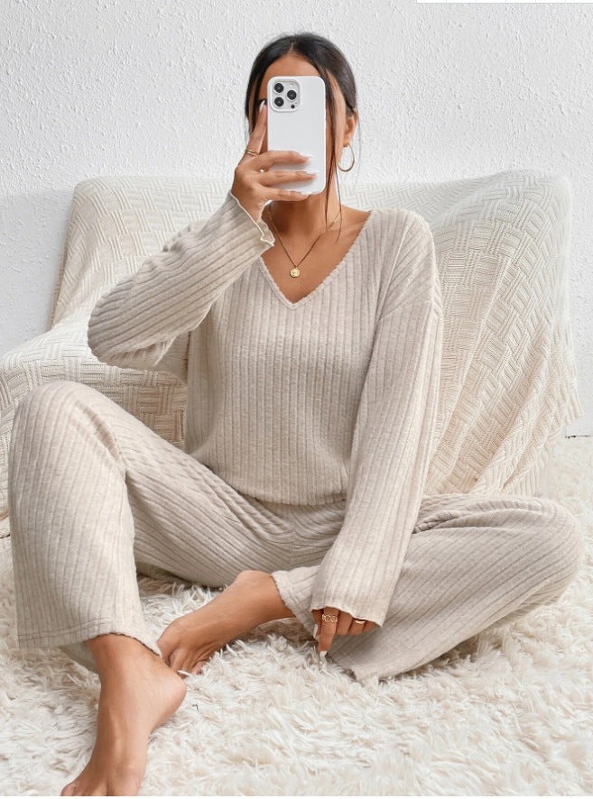 Women's Knitted Round Neck Long-sleeved Trousers Wide-leg Pants Two-piece Set