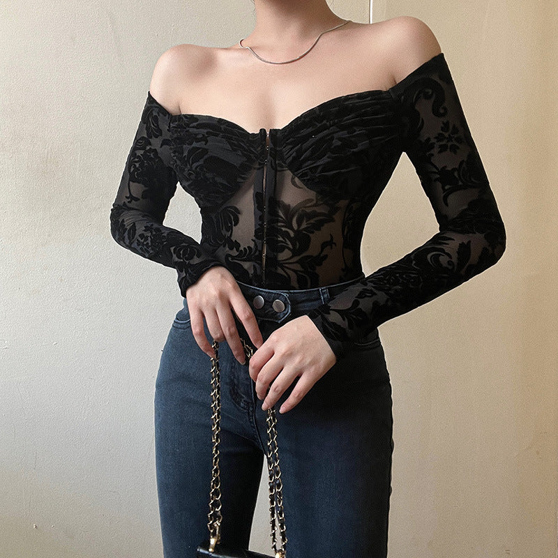 Lace Printed Slim-fit Jumpsuit European And American Style Flocking Off-shoulder Long-sleeved Top