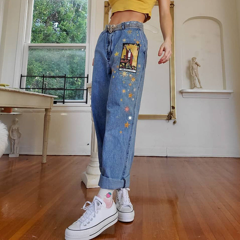 European And American Street Temperament Straight Loose Printed Denim Trousers Women