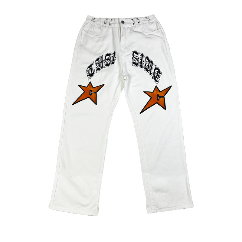 Retro Love Gothic Printed Jeans For Men And Women Loose-fitting Wide-leg Trousers