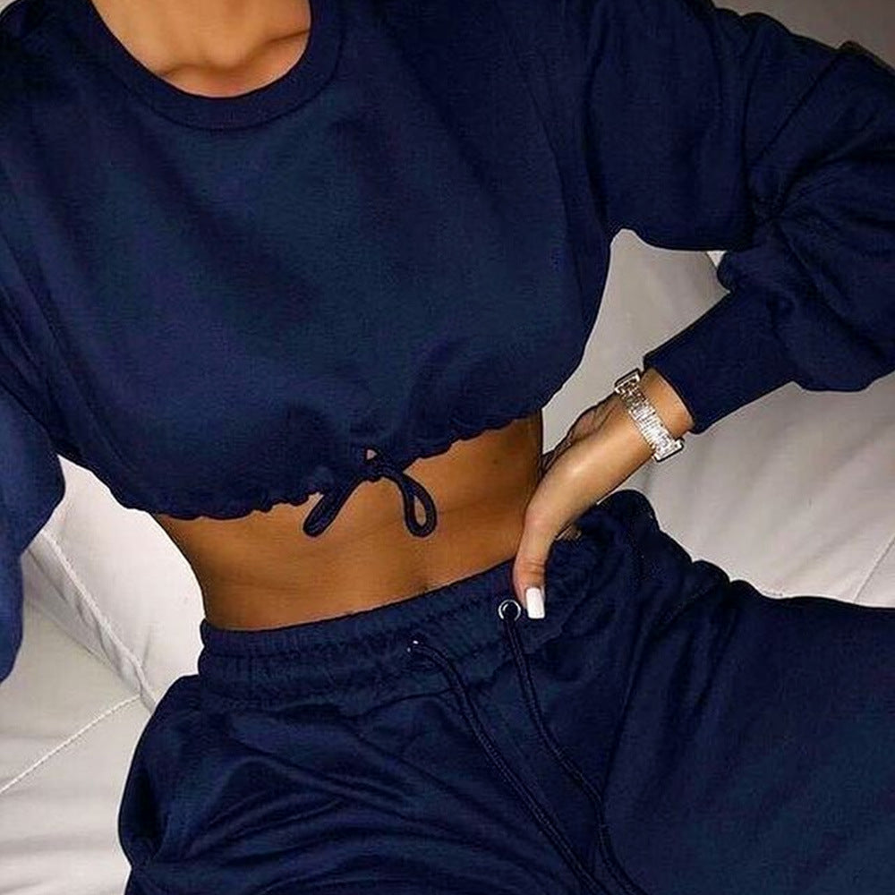 Casual Fashion Long-Sleeved Short Top And Trousers Sports Two-Piece Suit Women