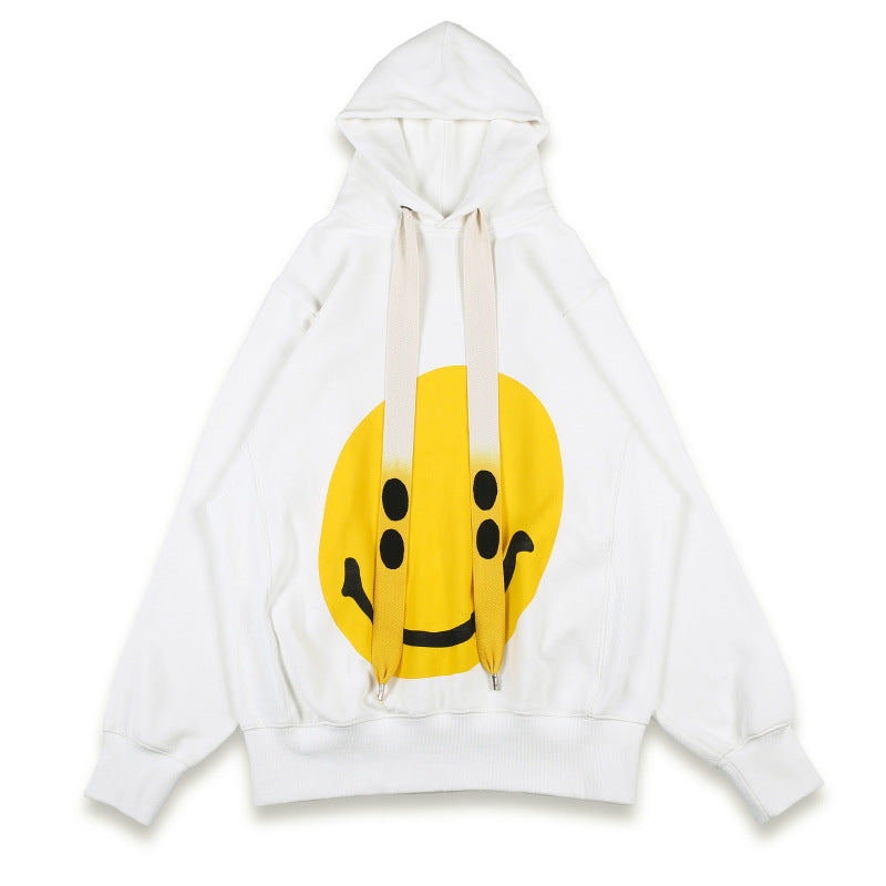 Retro smiley drawstring hooded casual sweater