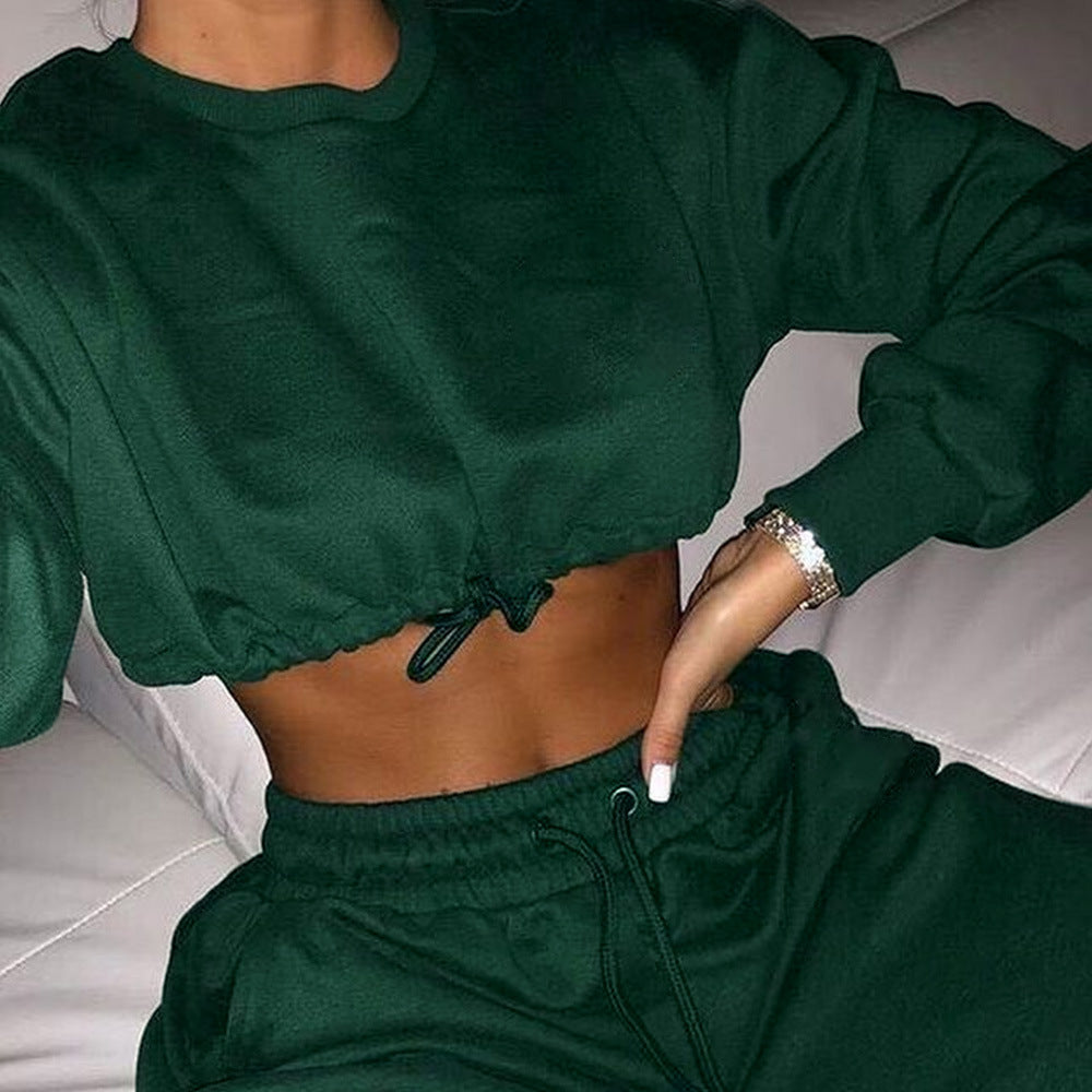 Casual Fashion Long-Sleeved Short Top And Trousers Sports Two-Piece Suit Women