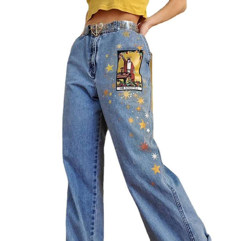 European And American Street Temperament Straight Loose Printed Denim Trousers Women