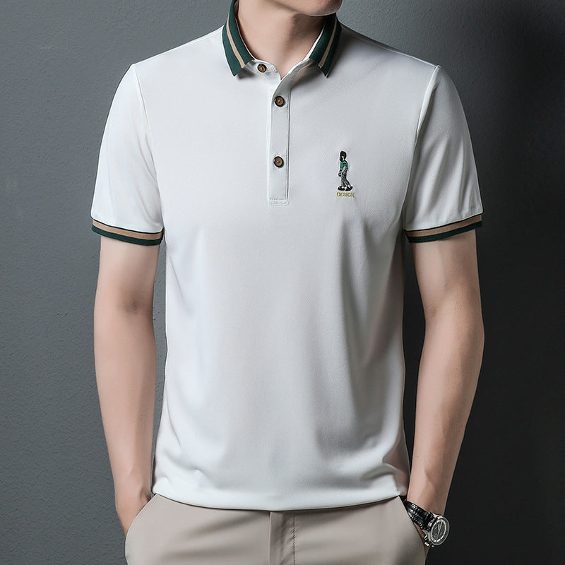 New Ice Silk Lapel T-shirt Men's Fashion Breathable Embroidery