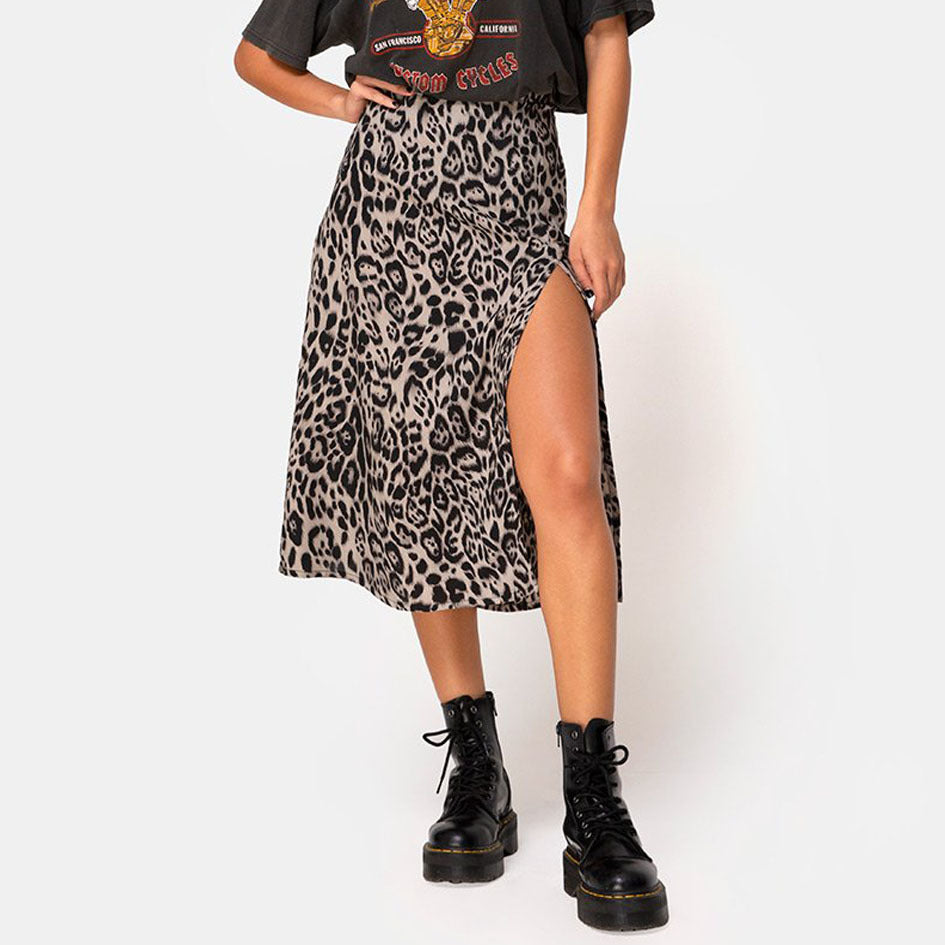 Floral Leopard Print High Waist Stretch Slit Long Skirt