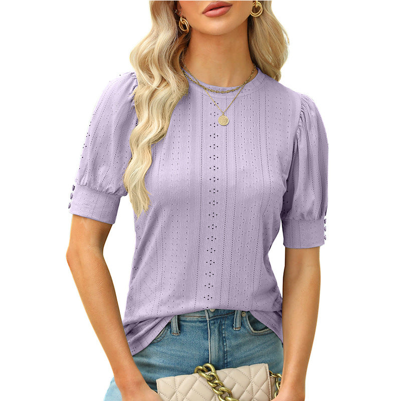 Summer Round Neck Hole Hollow-out Button Short-sleeved Casual Top