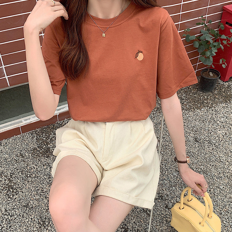 Women's Cotton Orange Embroidered Short-sleeved T-shirt New