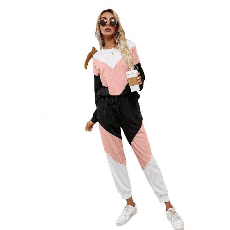 Colorblock Long Sleeve Trousers Elastic Waist Suit Women
