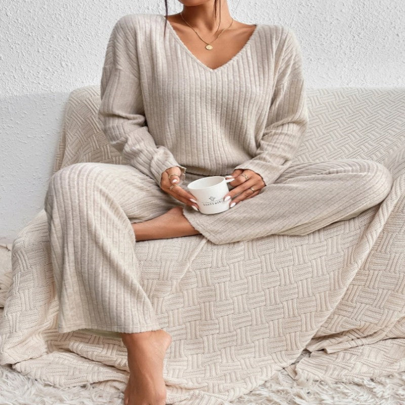 Women's Knitted Round Neck Long-sleeved Trousers Wide-leg Pants Two-piece Set