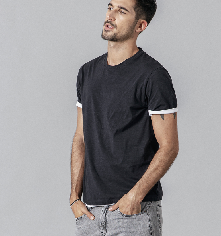 Men's clothing stitching contrast color fake two-piece men's short-sleeved t-shirt