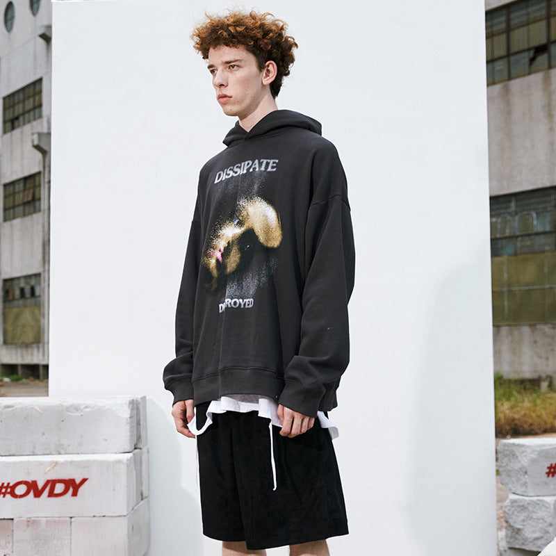 Retro dark loose hooded plus fleece sweater