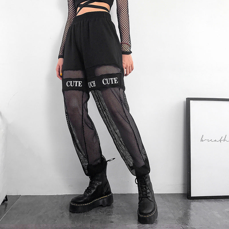 Europe and the United States cross-border women's 2021 speed sell ins spring and summer new mesh stitching hollow hip-hop trend trousers women