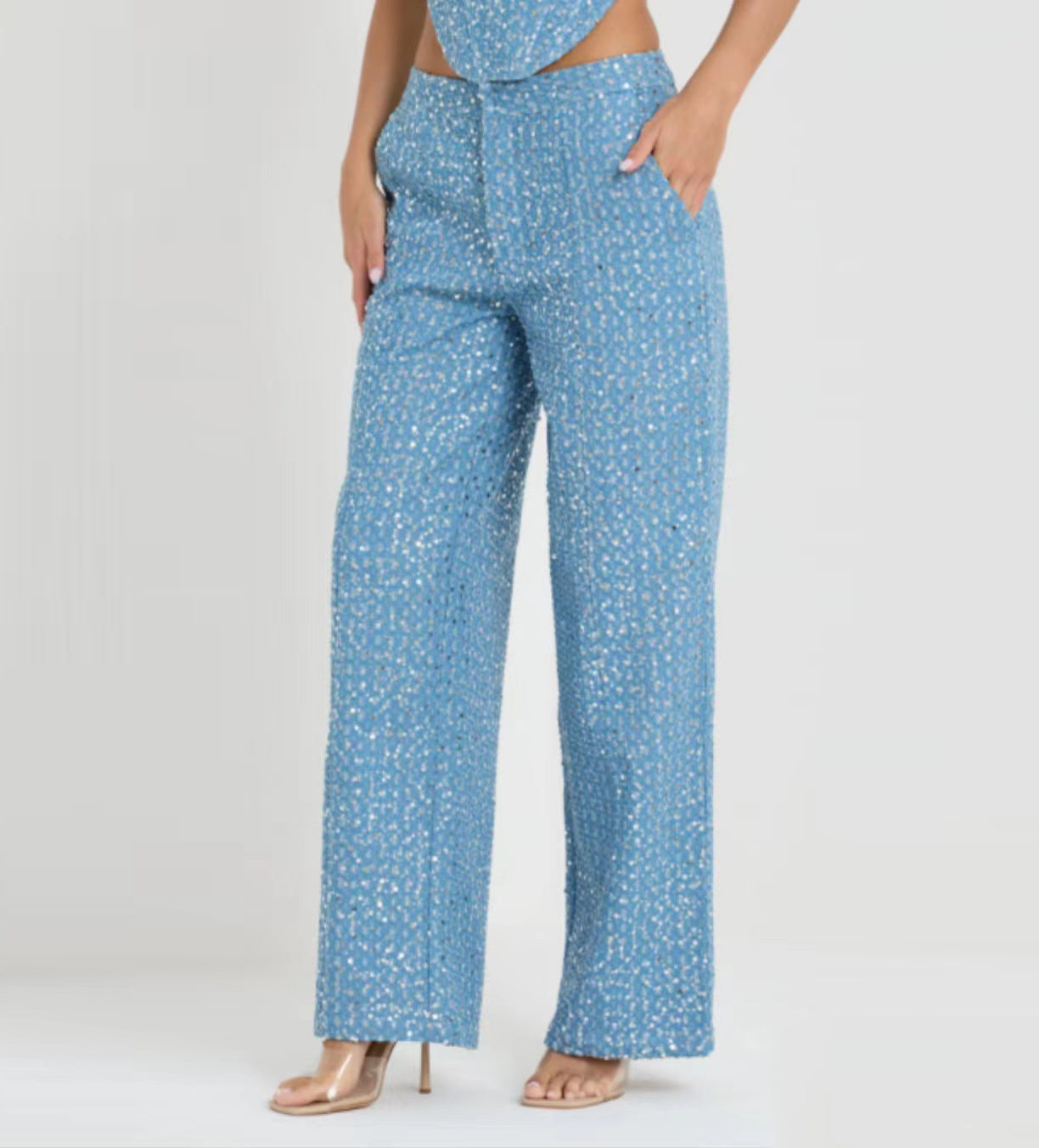 Fashion Denim Sequined Tube Top Wide Leg Pants Suit