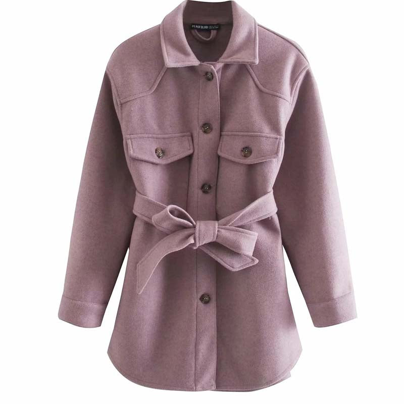 Casual and simple shirt-style mid-length jacket autumn and winter high waist and thin women's belt