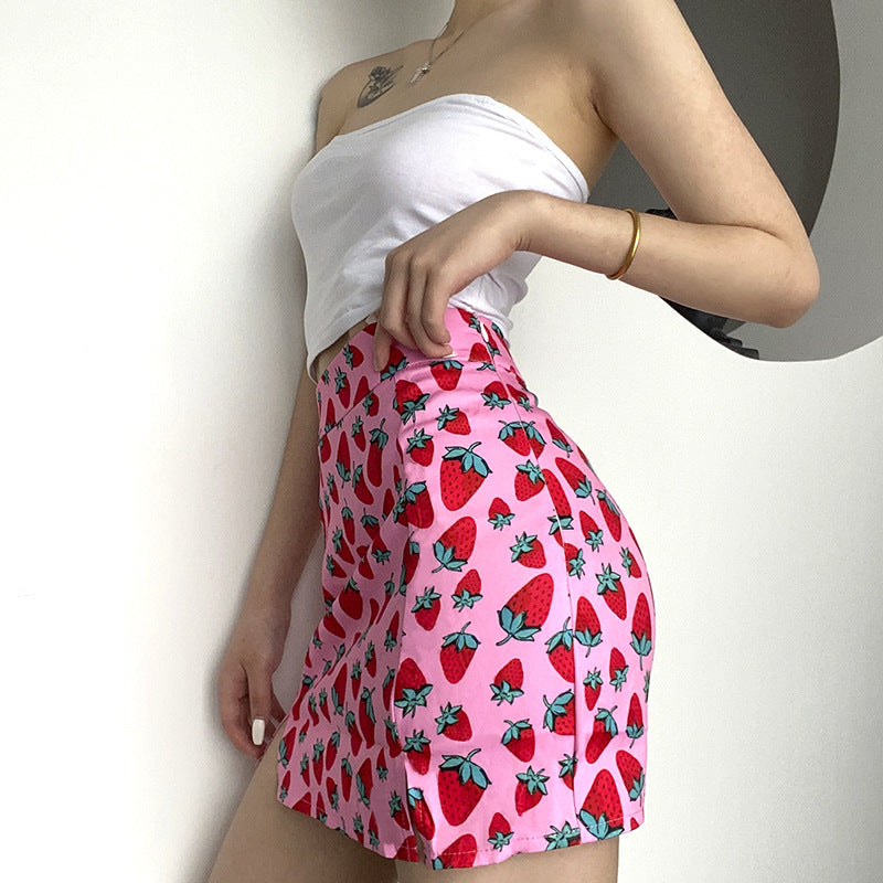 World Bank Cherry Print High Waist Hips Girls Slit Short Skirts