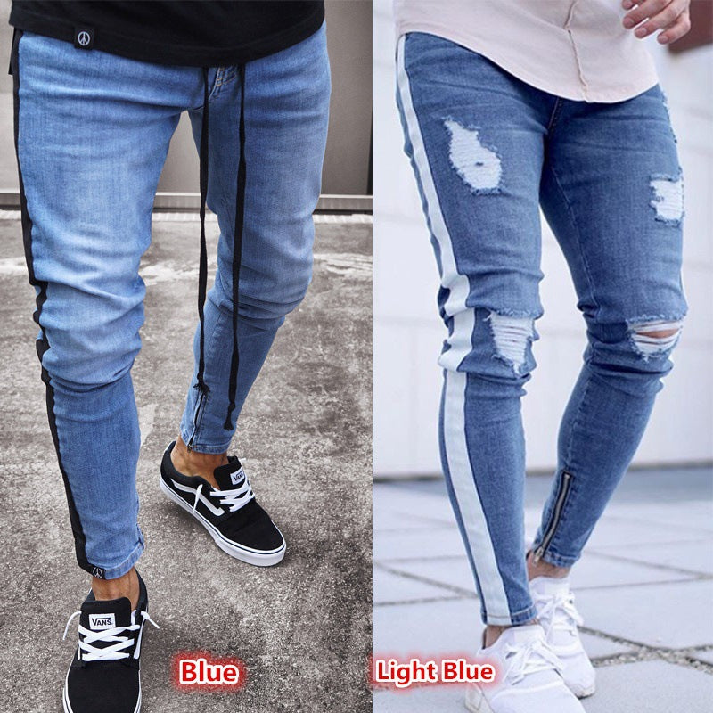 Ripped nostalgic jeans light blue zipper men's jeans