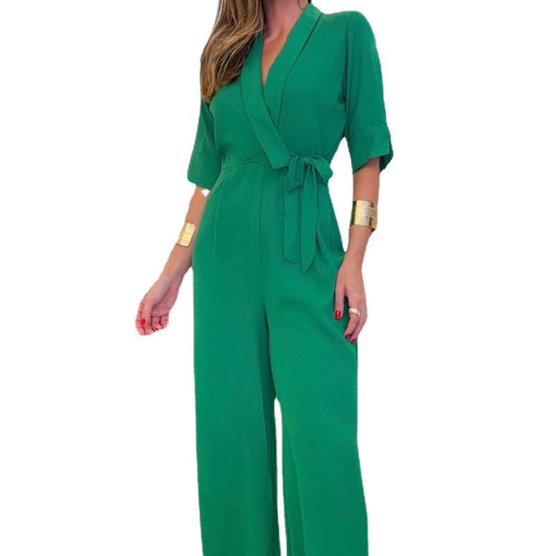 Women's Green Middle Sleeve Lapel Lace-up Jumpsuit