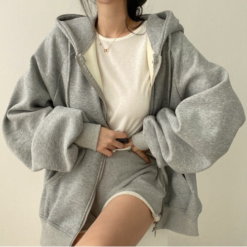 Fleece Thickened Solid Color Hooded Sweater Zipper