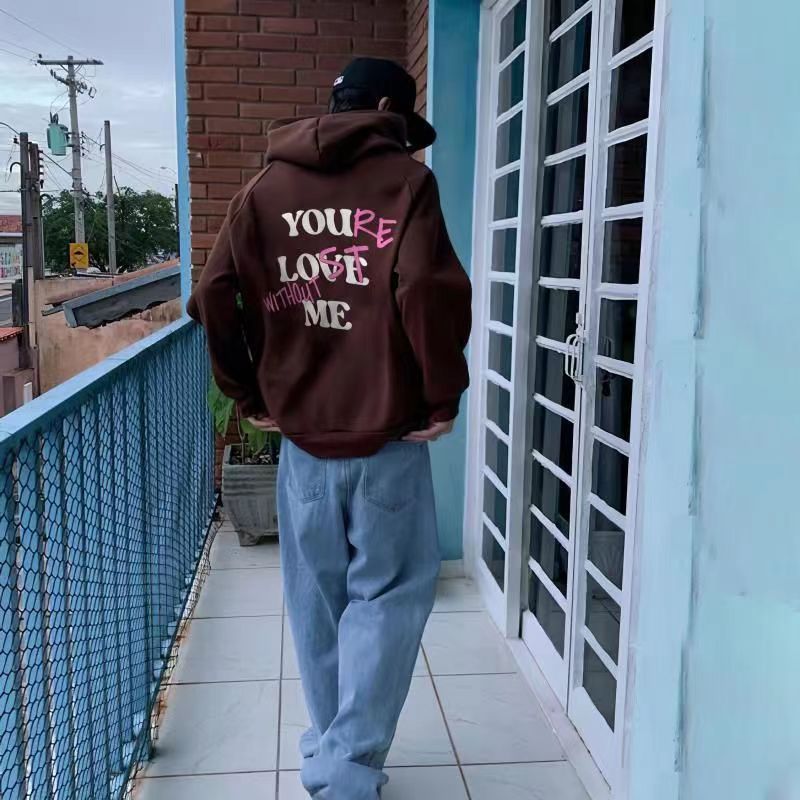 Men's Thickened Sweater Plain Letter Print Kangaroo Pocket Drawstring Bubble Print Hoodie