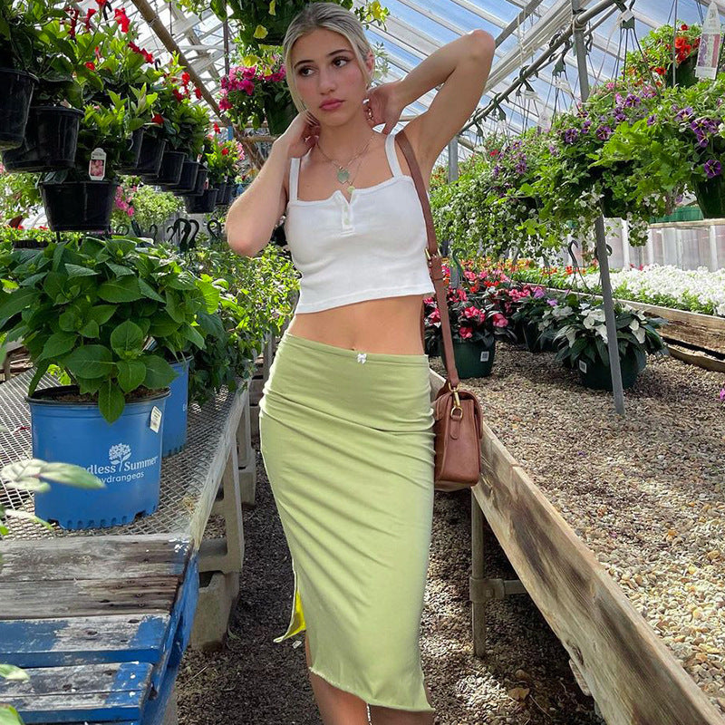 European American Summer New Women's Low Waist Solid Color Side Slit Wooden Ear Hip Bag Female Skirt