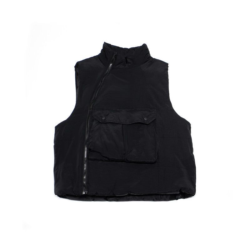 Retro Big Pocket Diagonal Zipper Cotton Vest