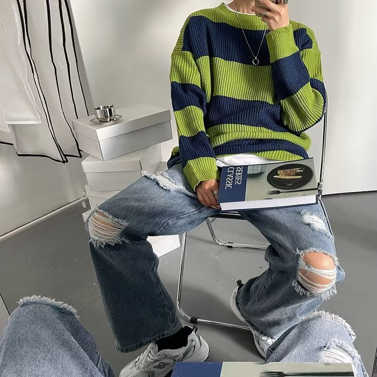 Striped Round Neck Men's Autumn And Winter Loose And Lazy Style Sweater