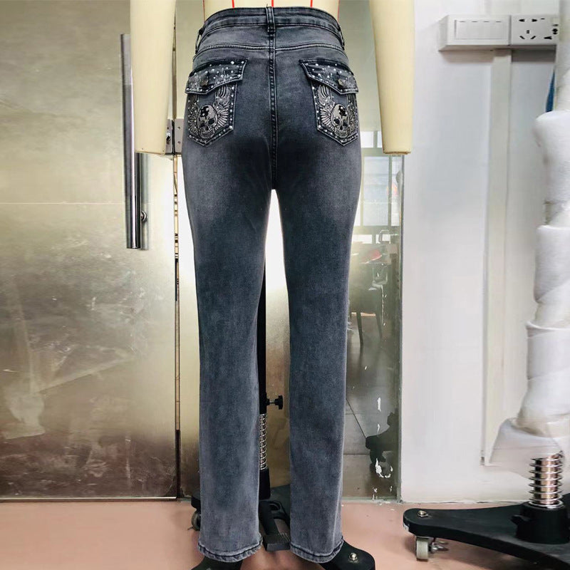 Retro Embroidery Skull Beaded Elastic High Waist Thin Flared Denim Trousers Women