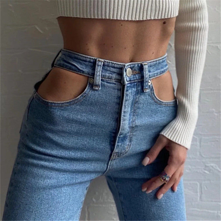 Women High Waist Loose Fit Blue Wash Casual Denim Trousers