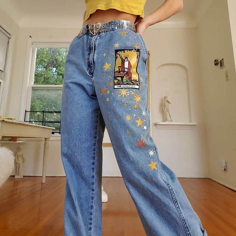 European And American Street Temperament Straight Loose Printed Denim Trousers Women