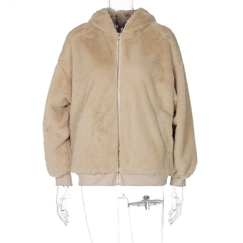 Autumn And Winter Lamb Wool Loose Coat Zipper Hooded Long Thick Top