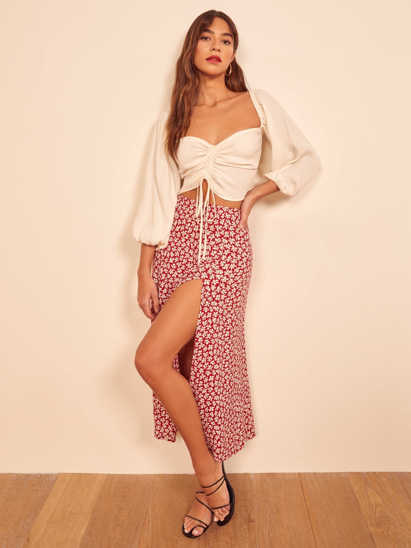 Flower Print High Waist Stretch Split Long A-Line Polka Dot Skirt Women