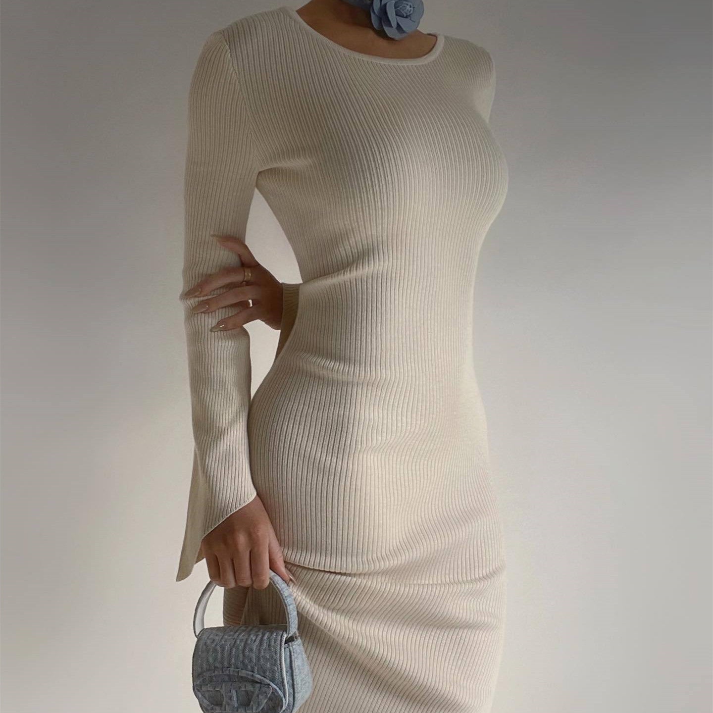 Autumn And Winter Long Sleeve Knitted European And American Fashion Backless Round Neck Dress