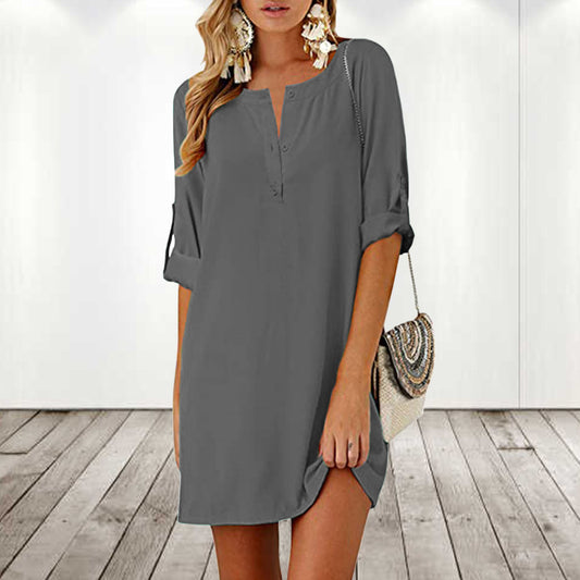 Cotton And Linen Loose 34 Sleeve Mid-length Dress