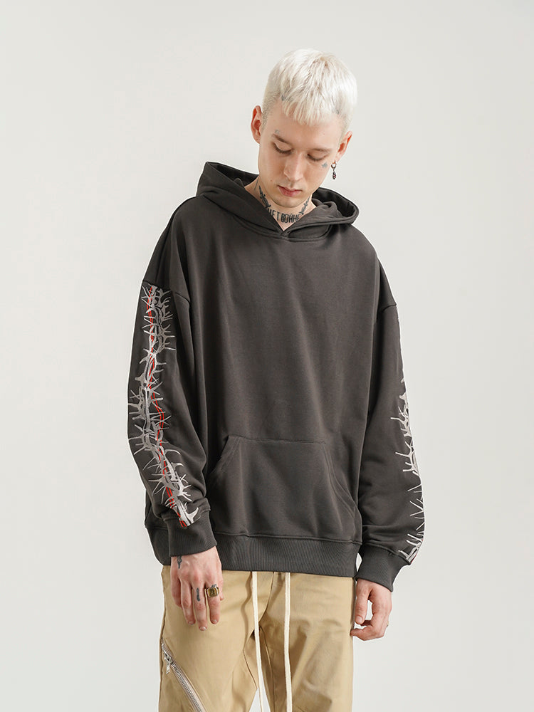 Loose Hooded Sweatshirt With Thorns Embroidery