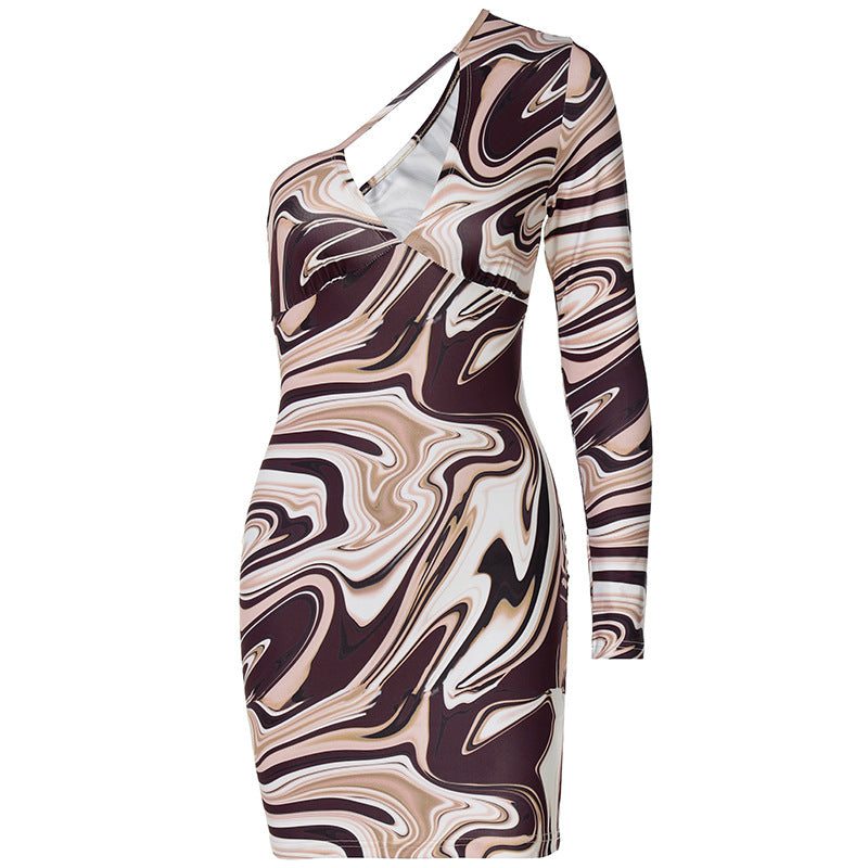 One Shoulder Long Sleeved Water Ripple Printed Buttock Wrap Dress