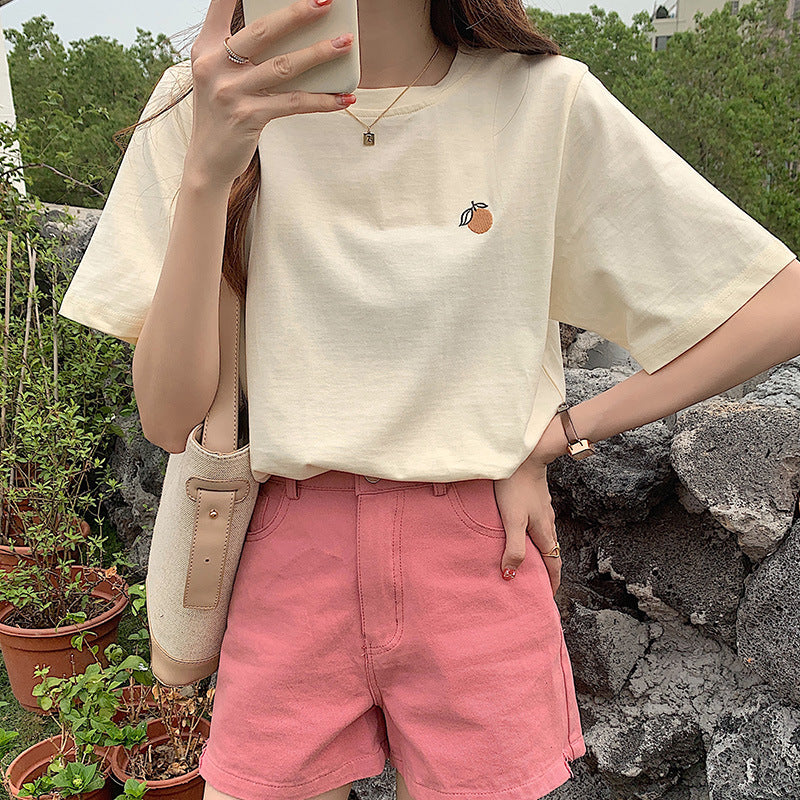 Women's Cotton Orange Embroidered Short-sleeved T-shirt New