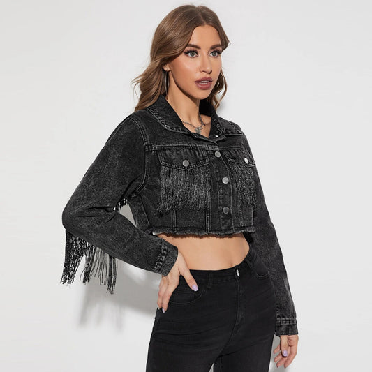 Women's Fashionable Fringed Stitching Distressed Denim Jacket