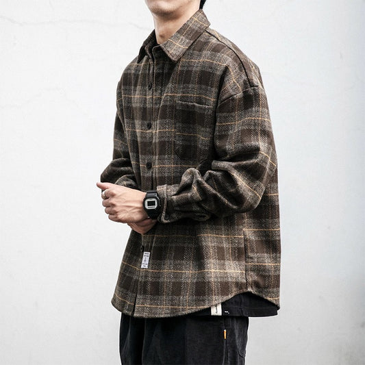 Autumn Winter Retro Sanding Padded Plaid Shirt