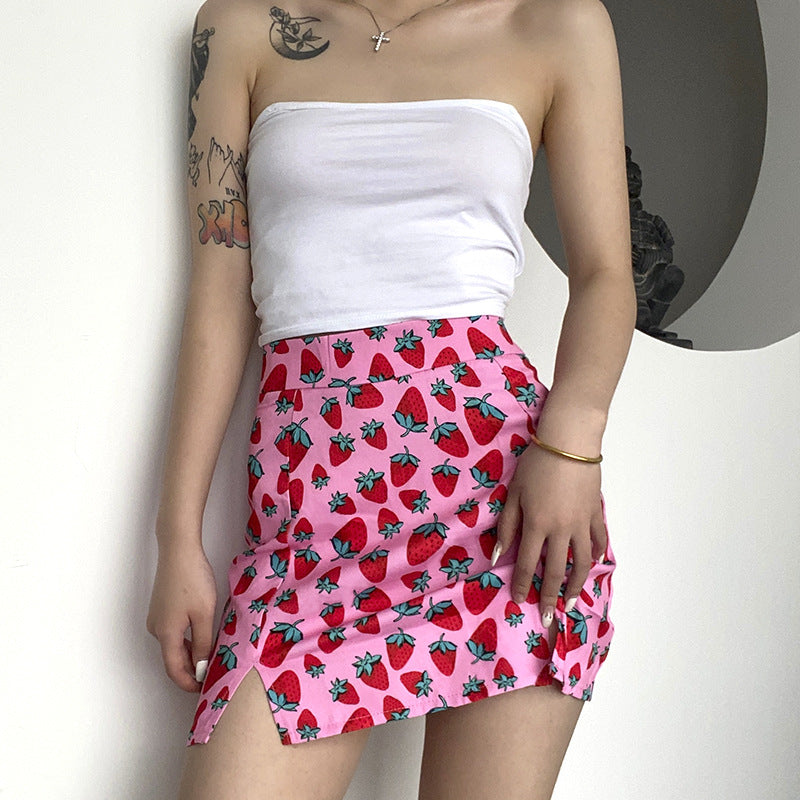 World Bank Cherry Print High Waist Hips Girls Slit Short Skirts