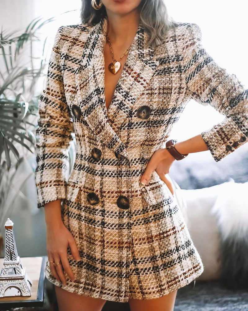 European And American Style Double-breasted Fashion Printed Plaid Woolen Coat