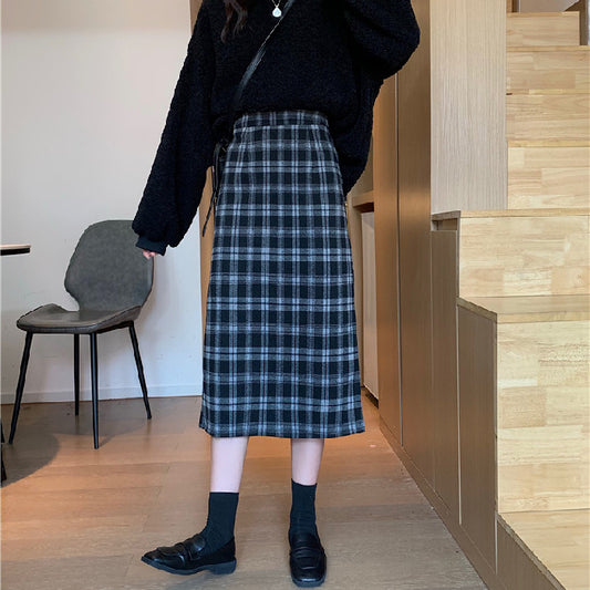 Woolen Plaid Slim Mid-length High-waist Retro Skirt