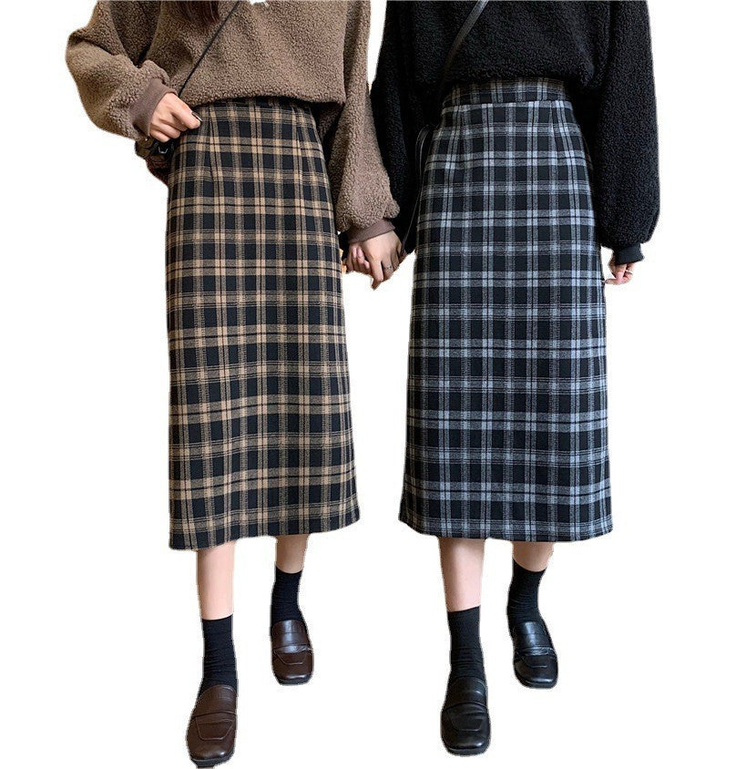 Woolen Plaid Slim Mid-length High-waist Retro Skirt