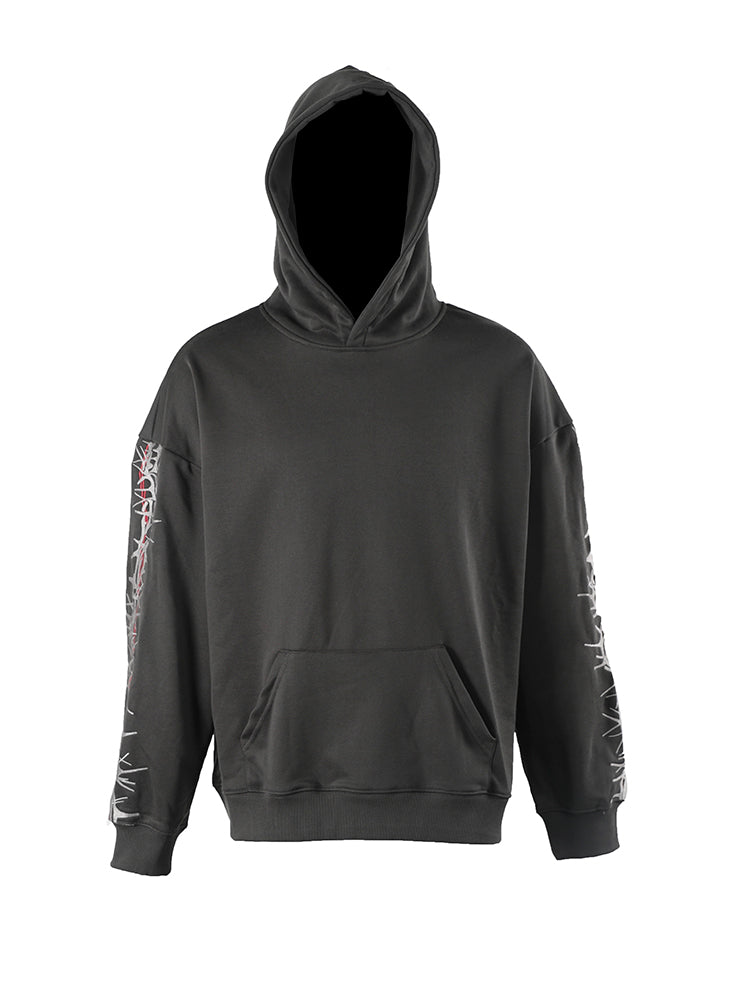 Loose Hooded Sweatshirt With Thorns Embroidery