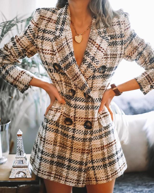 European And American Style Double-breasted Fashion Printed Plaid Woolen Coat