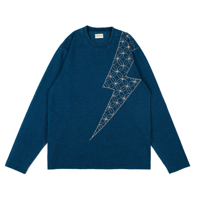 Washed Denim Lightning Embroidery Long Sleeve T-Shirt