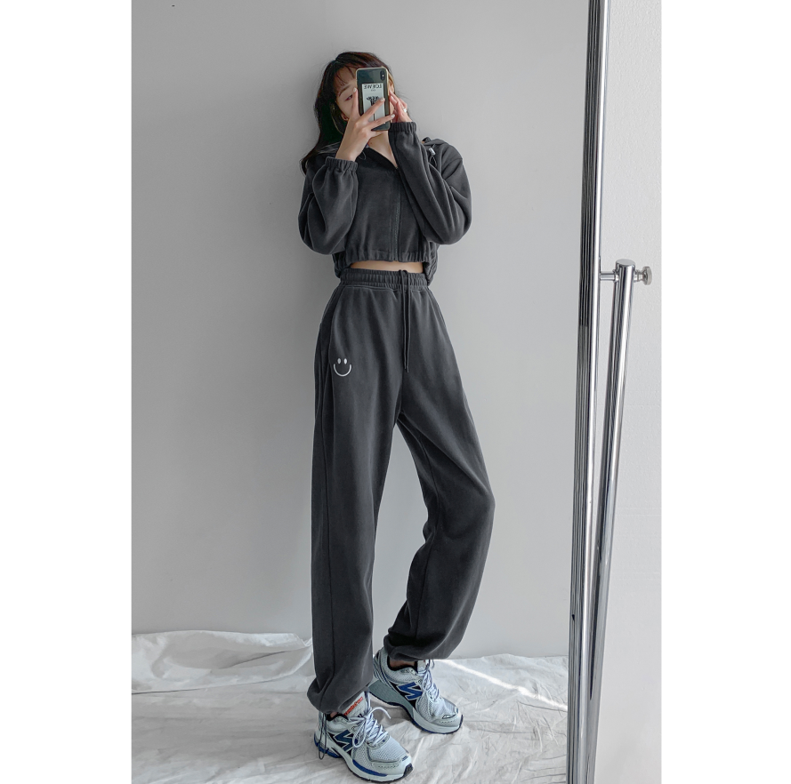 Women Smiley Face Embroidered Loose Casual Trousers
