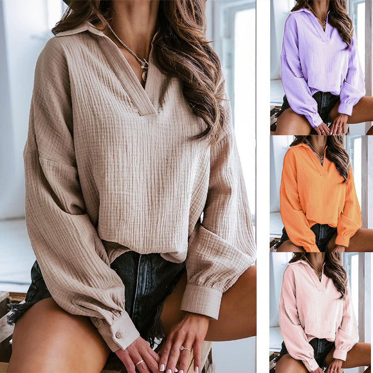 Lapel Lantern Long Sleeve Solid Color Shirt