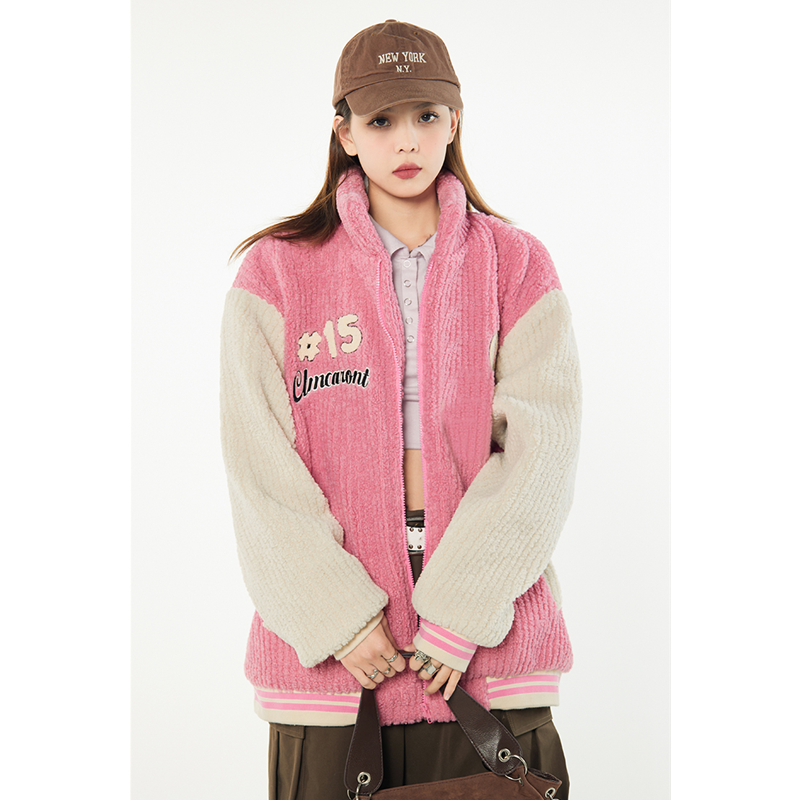 Warm Loose Cashmere Powder Baseball Jacket Cotton Padded